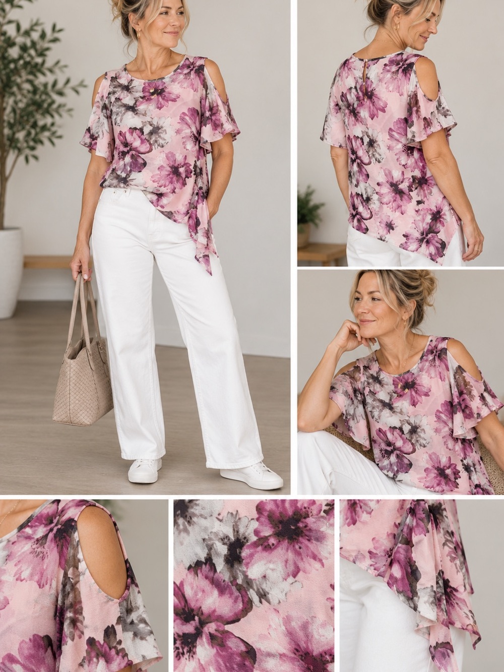 Peek a Boo Shoulder Pink Floral Asymmetrical Blouse